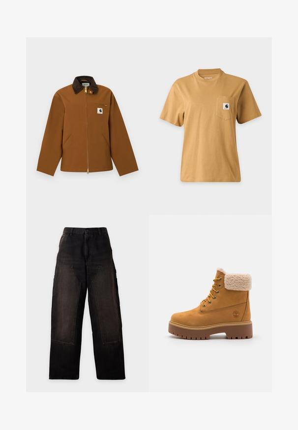 Bruine Carhartt-jas met een donkere ribfluwelen kraag, ritssluiting aan de voorkant, borstzak met rits en een logo-patch aan de voorkant, getoond op een witte achtergrond.; Effen bruine T-shirt met korte mouwen en een borstzakje met een vierkante merklogo-patch, getoond op een effen lichte achtergrond.; Zwarte wijde broek met grote opgestikte voorzakken en riemlussen, getoond op een lichte, effen achtergrond.; Tan suède laars met een nepbont kraag, gouden oogjes en een contrasterende rubberen zool. Voorzien van een logo op de zijkant en een gestructureerde loopvlak.