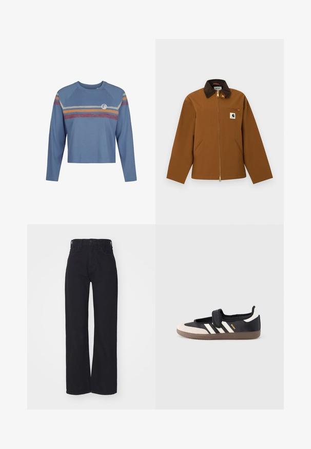 Hnedá bunda Carhartt s tmavým manžetovým golierom z kordovanej látky, predným zipsom, zipsovým vreckom na hrudi a prednou nášivkou s logom, zobrazená na bielom pozadí.; Svetlomodrý dlhý rukáv cropped top s raglánovými rukávmi, ktorý má farebné horizontálne pruhy v červenej, žltej a smotanovej farbe na hrudníku.; Čierne široké džíny s vysokým pásom, so zapínaním na prednom gombíku a zips, pútkami na opasok a dvoma prednými vreckami na bielom pozadí.; Čierna a béžová teniska s pásikom na suchý zips, tromi bielymi pruhmi na boku a štruktúrovanou hnedou gumovou podrážkou. Viditeľné logo značky.