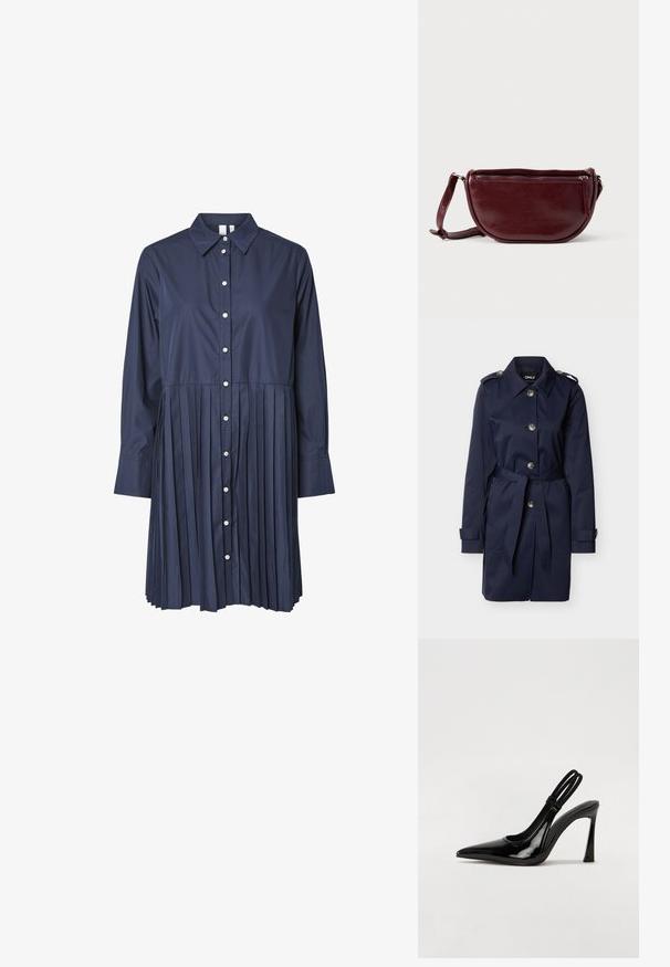 Marineblauw trenchcoat met grote knopen, tailleceintuur, schouderepauletten en manchettestraps op een effen achtergrond.; Donkerblauwe shirtjurk met een kraag, lange mouwen, knoopsluiting aan de voorkant en een geplooide rok. Gemaakt van een zachte stof met een gestructureerd ontwerp.; Zwarte gepatineerde leren slingback pump met puntige neus, slanke hoge hak en dubbele elastische band voor een veilige pasvorm. Gladde, glanzende oppervlakte.; Dieprode lederen handtas met een halve-maansvorm, een ritssluiting en een afneembare riem. Gladde textuur met een subtiele glans.