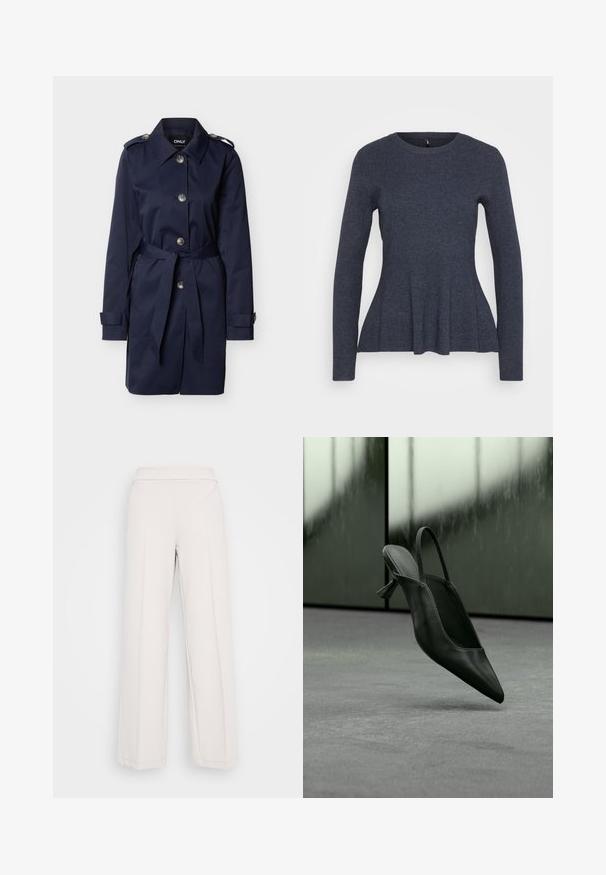Marineblå trenchcoat med store knapper, taljebælte, skulderlapper og manchetstrimler på ensfarvet baggrund.; Mørkegrå langærmet strikket sweater med rund halsudskæring og en subtil flæse nederst.; Lys beige brede bukser lavet af blødt stof, med en glat talje og synlige sømdetaljer langs forsiden.; Sort læder slingback højhælet sko med spids tå svævende over gråt tæppe, sløret grønlig væg i baggrunden.