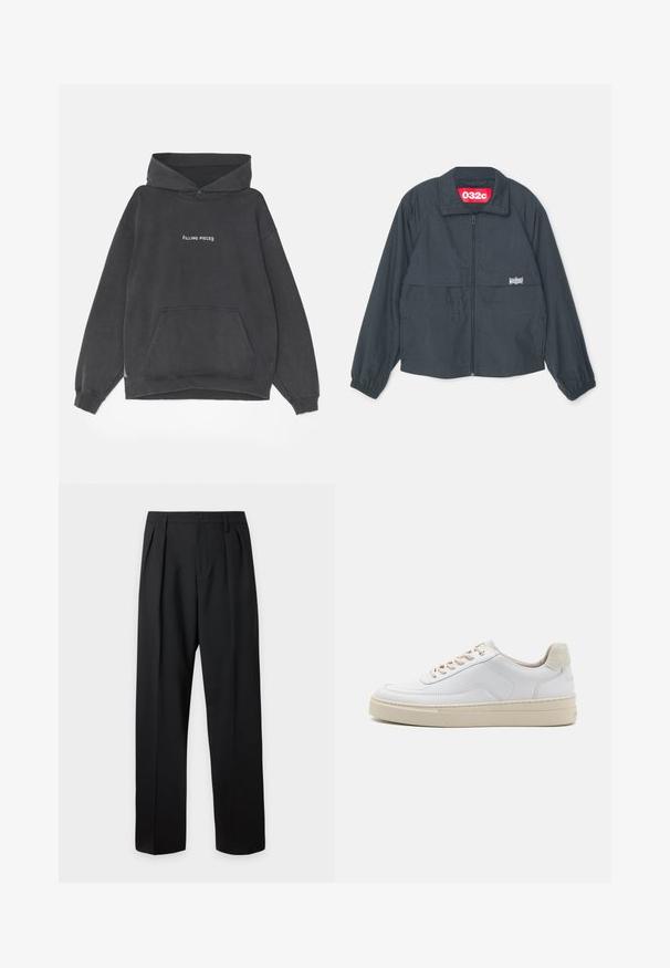 Sort zip-jakke med høj krave, med to frontlommer, elastiske manchetter og et rødt mærke indeni kraven.; Filling Pieces HANDSHAKE VINTAGE - Hættetrøje - black; Sorte formelle bukser med plisseringer, bæltestropper og knaplukning ved taljen, vist mod en ensfarvet lys baggrund.; Hvide sneakers med en glat læderoverdel, beige snørebånd og en tekstureret beige ruskindsheel-tab. Hævet sål for ekstra højde.