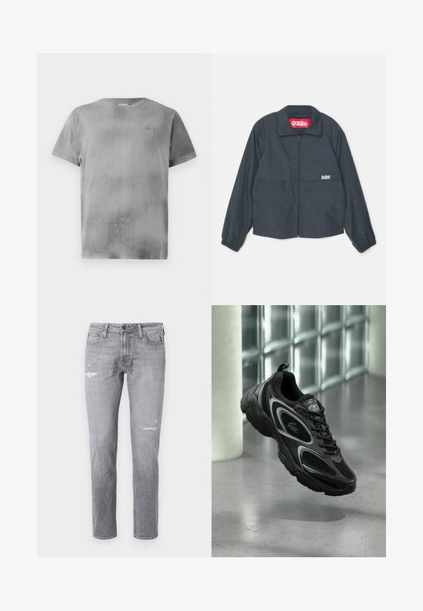 Mustmust sweater musta kõrge kraega, millel on kaks esimest taskut, elastsed mansetid ja kollases sildis krae sees.; Hallist lühikeste varrukatega t-särk tekstuuriga pinnaga. Vasakul rinnal on väike punane logo. Lihtne ümar kaelus ja sirge äär.; Heledad hallhallased teksad, mis on valmistatud denimist, sisaldavad kulumiskohti ja sirget lõiget. Klasikaline viie taskuga disain metallist detailidega.; Mustad sportkinga, mis on valmistatud võrgust ja sünteetilisest materjalist, omades tekstureeritud tallaga, sujuva disaini, hõbedaseid aktsente ja ees paeltega kinnitust.