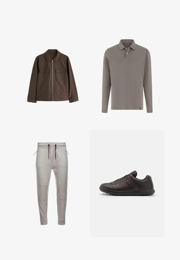Bruine lange mouwen jas met kraag, rits aan de voorkant, twee borstzakken met klep, zijpaspelzakken en knoopmanchetten.; Poloshirt met lange mouwen in een gedempte grijstint, gemaakt van gladde stof, voorzien van een kraag en een placket met drie knopen. Subtiele logodetail bij de zoom.; Lichtgrijze joggingbroek gemaakt van zacht materiaal met een elastische tailleband, zwarte trekkoorden, zijzakken met rits en ribgebreide boorden bij de enkels.; Bruin leren sneakers met een ronde neus, vetersluiting, subtiele stikdetails en een gestructureerde rubberen zool voor grip.