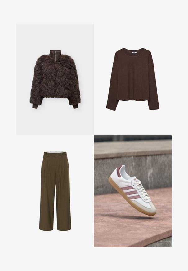 Weekday Veste d'hiver - brown; Pull marron à coupe décontractée, col côtelé et manches longues. Texture lisse avec un ourlet arrondi et sans motifs ni accents visibles.; Pantalon vert olive à jambes larges avec plis à l'avant, taille boutonnée avec passants de ceinture et sans poches visibles.; Baskets blanches et roses Adidas Samba avec semelle en gomme flottant au-dessus d'une surface en pierre et un mur en pierre flou en arrière-plan.