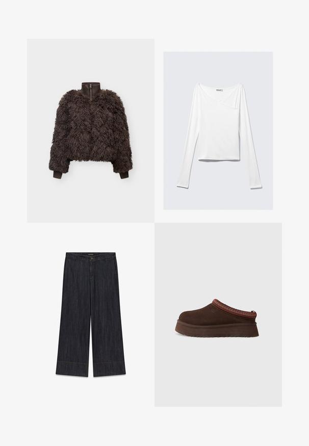Veste marron foncé zippée avec tissu duveteux et bouclé, poignets et col côtes, présentée sur un fond uni.; Haut blanc à manches longues avec un design croisé et une poche. Fabriqué dans un tissu lisse et extensible. Coupé dans une coupe décontractée et ample.; Jean bleu foncé à jambes larges, taille haute, fermeture par boutons et poches avant visibles, posé à plat sur un fond blanc.; Chaussure en suède marron à enfiler avec une semelle en caoutchouc texturé, dotée d'un bord en tricot rouge et à motifs autour du col.