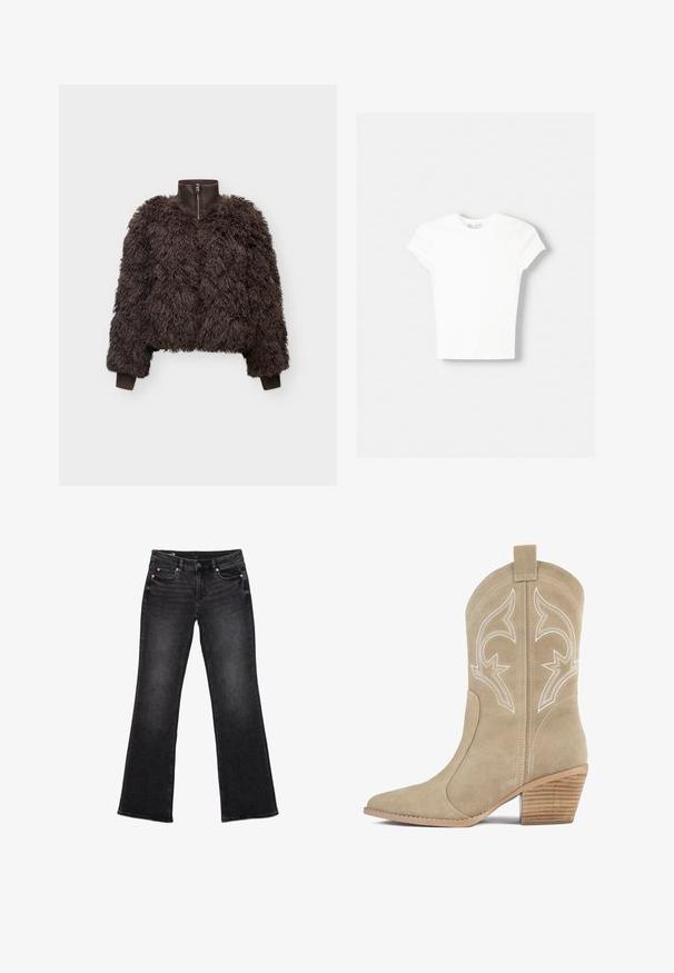 Veste marron foncé zippée avec tissu duveteux et bouclé, poignets et col côtes, présentée sur un fond uni.; T-shirt blanc à manches courtes en coton doux, avec un col rond et une coupe ajustée. Pas de motifs ni d'ornements visibles.; Jean en denim noir avec jambe évasée, conception à cinq poches, fermeture par bouton et texture subtilement délavée sur tout le tissu.; Botte de cowboy en daim beige avec bout pointu, couture décorative blanche, tige haute et talon en bois empilé.