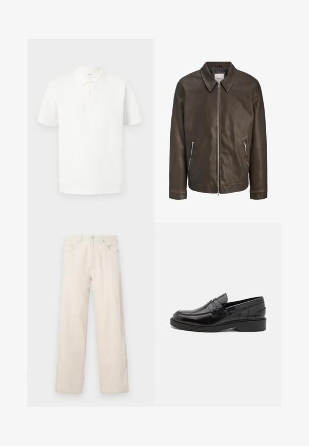 Veste en cuir marron avec un col, fermeture éclair à l'avant et deux poches latérales. Possède une surface texturée et une silhouette ajustée.; Chemise polo blanche en coton avec un col classique, des manches courtes, une patte de boutonnage à deux boutons et un tissu texturé subtil.; Pantalons larges beiges en tissu texturé, dotés d'une fermeture à bouton, de passants de ceinture et d'un style de poche classique.; Mocassins en cuir noir avec une finition lisse, un bout rond, un petit talon et descoutures décoratives à l'avant. Semelle en caoutchouc pour l'adhérence.