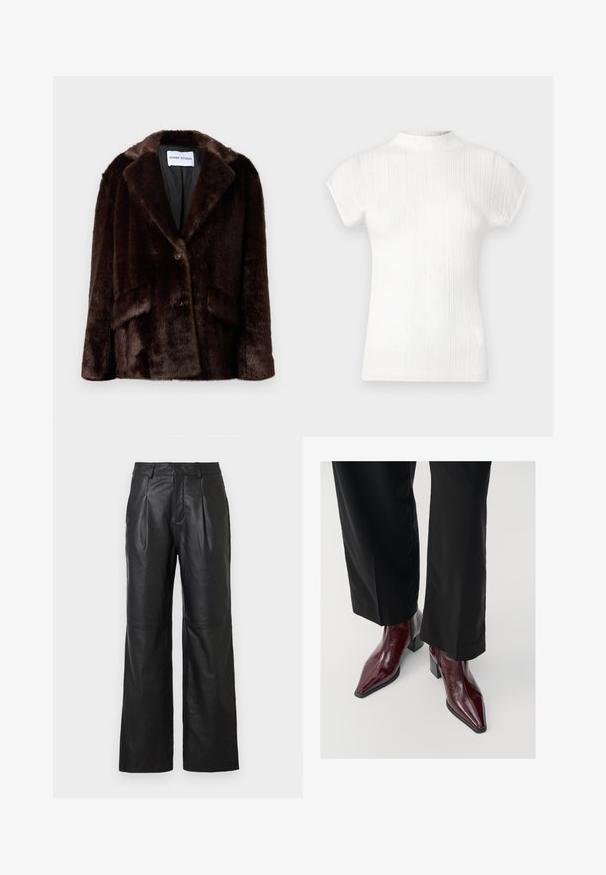 Manteau en fausse fourrure marron foncé avec larges revers, fermeture à boutons et poches à rabat à l'avant, suspendu sur un fond blanc uni.; Haut blanc à manches courtes côtelé avec un col haut. Texture douce, coupe ajustée et lignes verticales subtiles. Transition d'épaule sans couture.; Pantalon en cuir noir avec une coupe à jambes larges, doté de plis sur le devant et d'une texture lisse. Sans fermetures visibles ni ornements.; Bottines en cuir laqué bourgogne avec un bout pointu, un talon épais et une finition texturée, associées à un pantalon large noir.