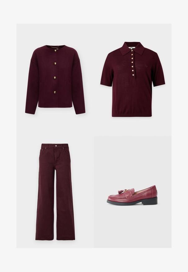 Donkerpaarse lange mouwen jas met ronde halslijn en vier grote ronde gouden knopen aan de voorkant.; Donker bordeauxrood poloshirt met korte mouwen, een brede kraag en een rij van zeven gouden knopen middenvoor.; Bordeaux wijd-uitlopende jeans met een hoge taille, metalen knoopsluiting, voorzakken en een gladde, iets gestructureerde stof.; Bordeaux leren instapper met een platte zwarte hak, voorzien van een tasselaccent en subtiele stiksels langs de engekomen. Over het algemeen een soepele textuur.