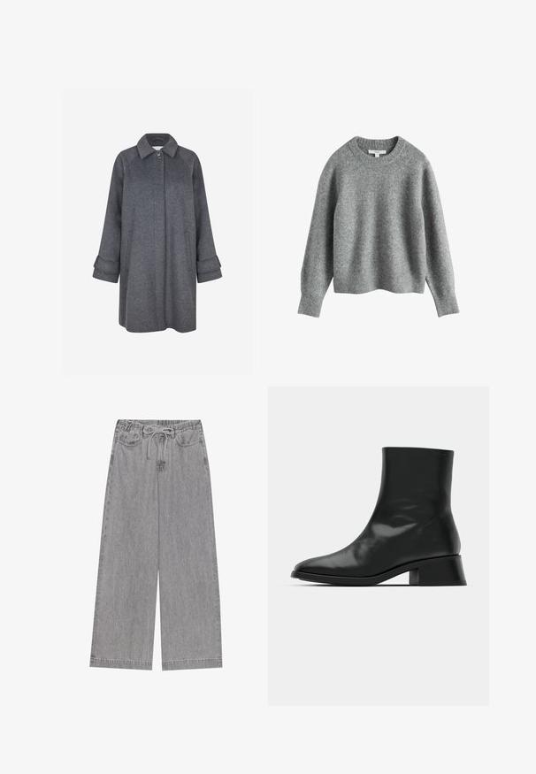 Envii SENECA MIDI JACKET - Mantel - dark grey; Zachte grijze trui met lange mouwen en een ronde hals, met geribbelde manchetten, zoom en halslijn, afgebeeld op een witte achtergrond.; Grijze ruime spijkerbroeken gemaakt van denim, met een elastische tailleband met trekkoord, twee voorzakken en een rechte pijpenlijn.; Zwarte enkelboot van glanzend leer, met een slank ontwerp, spitse neus en een gematigde blokhak voor stabiliteit.