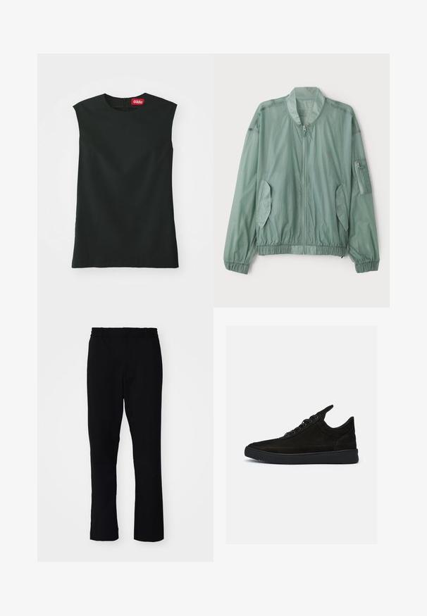 Veste bomber vert clair en tissu léger. Elle dispose d'une fermeture éclair à l'avant, de poignets élastiques, de deux poches latérales et d'une poche zippée sur le bras.; Un haut sans manches noir avec un col rond, en tissu lisse, et une fermeture éclair au dos. Il présente une petite étiquette rouge avec le logo "032c" au niveau du cou.; Pantalons noirs à coupe slim. Ils sont dotés d'une taille élastique et de jambes droites, fabriqués à partir d'un tissu lisse avec une finition mate.; Baskets en daim noir à profil bas, avec un bout rond et une semelle en caoutchouc texturé. Comprend cinq œillets et une languette à l'arrière.