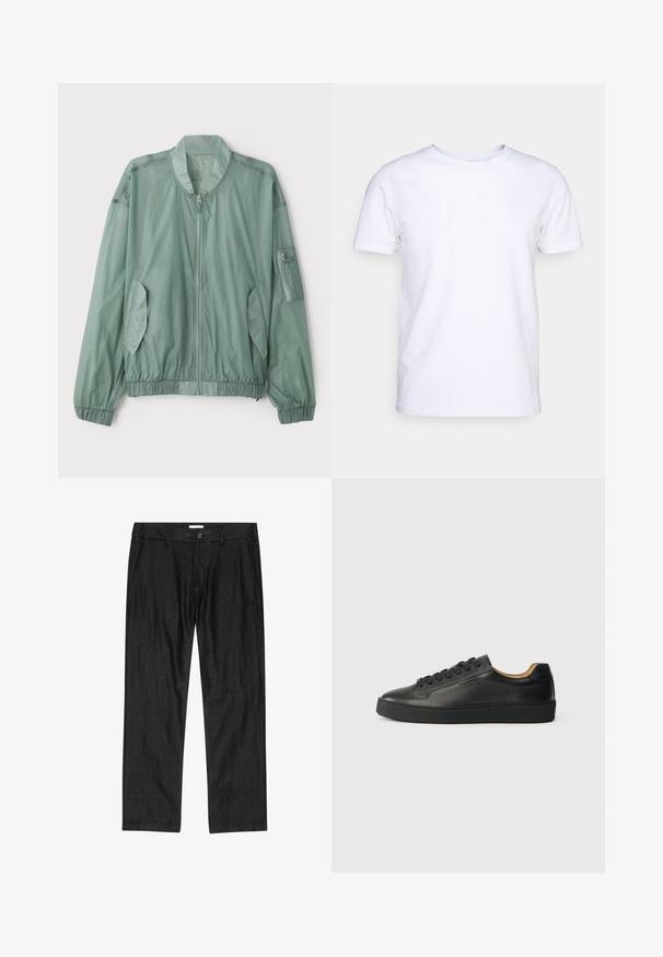 Veste bomber vert clair en tissu léger. Elle dispose d'une fermeture éclair à l'avant, de poignets élastiques, de deux poches latérales et d'une poche zippée sur le bras.; T-shirt blanc à manches courtes en tissu de coton avec un col rond. Design simple sans motifs ni accents. Texture lisse.; Pantalon droit pour homme noir avec bouton à l'avant, braguette à glissière et poches latérales, présenté à plat sur fond blanc.; Baskets basses en cuir noir avec surface texturée, lacets noirs et semelle en caoutchouc épaisse, présentées de côté sur un fond clair.