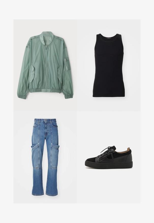 Veste bomber vert clair en tissu léger. Elle dispose d'une fermeture éclair à l'avant, de poignets élastiques, de deux poches latérales et d'une poche zippée sur le bras.; Débardeur noir en matériau lisse et extensible. Doté d'un col rond et sans manches, avec une coupe ajustée et un design simple.; Pantalons cargo en denim bleu clair avec taille haute, plusieurs poches latérales et jambes évasées, avec des coutures contrastées et une fermeture éclair.; Giuseppe Zanotti DOUBLE ZIP - Baskets basses - black