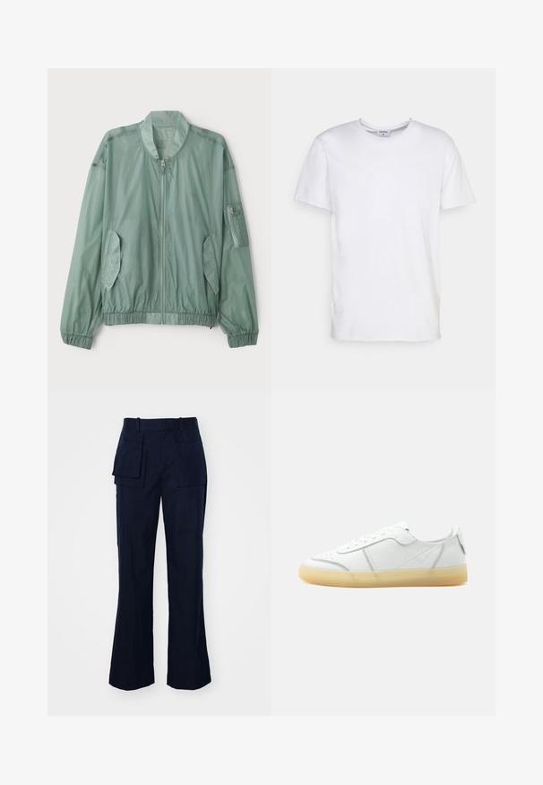 Veste bomber vert clair en tissu léger. Elle dispose d'une fermeture éclair à l'avant, de poignets élastiques, de deux poches latérales et d'une poche zippée sur le bras.; T-shirt blanc à manches courtes en coton. Il présente un col rond et une coupe décontractée sans motifs ni accents visibles.; Pantalons cargo bleu marine avec une coupe droite, dotés de plusieurs grandes poches, d'une taille plate et d'un tissu lisse et texturé.; Baskets basses en cuir blanc avec semelle beige translucide, lacets à l’avant et détails de couture minimalistes, vues de côté sur un fond uni.