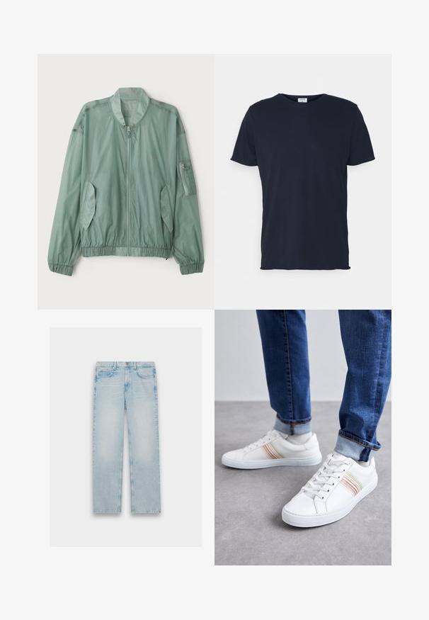 Veste bomber vert clair en tissu léger. Elle dispose d'une fermeture éclair à l'avant, de poignets élastiques, de deux poches latérales et d'une poche zippée sur le bras.; T-shirt en coton bleu marine avec un col rond et des manches courtes, présentant une texture lisse et un design simple, sans motifs ni accents visibles.; Jeans en denim bleu clair avec un design à jambes droites, un style cinq poches et une finition délavée. La quincaillerie en métal et les détails de couture sont visibles.; Baskets en cuir blanc avec des rayures multicolores, design à lacets, semelle en caoutchouc et col rembourré, associées à un jean en denim bleu.