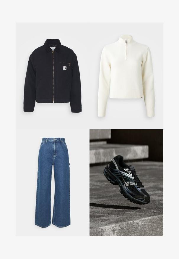 Sort denimjakke med en kordfløjskrave, lynlås foran og en brystlomme med en gylden lynlås samt et logo patch på venstre side.; Hvid, sweater med lynlås ved halsen og lange ærmer. Lavet af et blødt strikmateriale, med ribbede manchetter og kant. Diskret mærke-logo ved kanten.; Bredde ben blå denimbukser med høj talje, kontrastsyede sømme og sidelommer, med et klassisk fem-lomme design og rå kanter.; Sort og sølv Nike løbesko svævende over betontrappe, viser detaljeret design og tekstureret sål i udendørs omgivelser.