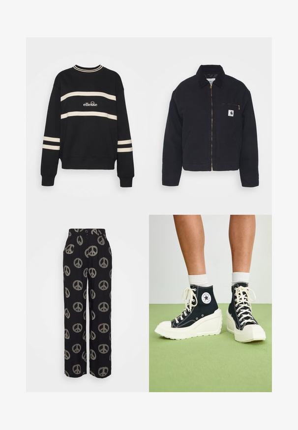 Zwart denim jack met een corduroy kraag, ritssluiting vooraan en een borstzak met een gouden rits en een logo patch aan de linkerkant.; Zwarte sweatshirt met twee horizontale crèmekleurige strepen, geribbelde halslijn en logo in het midden. De mouwen hebben vergelijkbare streepdetails.; Zwarte wijde broek met beige vredestekenpatronen, voorzien van een knoopsluiting en geplooide voorkant. Soepele stofstructuur.; Zwarte high-top sneakers met een verhoogde witte plateauzool, voorzien van witte veters en een ronde logopatch aan de zijkant. Textured canvasmateriaal.
