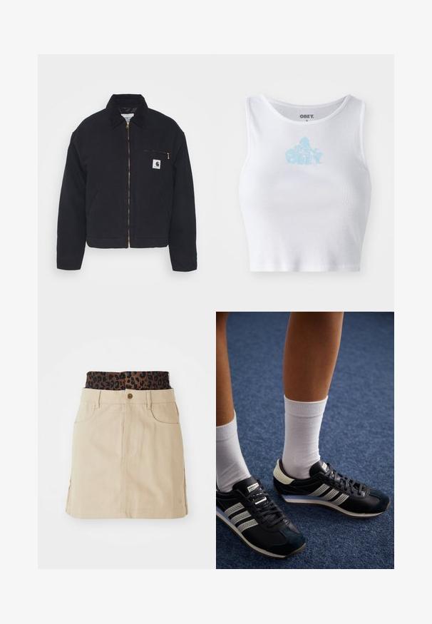 Zwart denim jack met een corduroy kraag, ritssluiting vooraan en een borstzak met een gouden rits en een logo patch aan de linkerkant.; Witte geribbelde crop top met een ronde halslijn en een lichtblauwe "OBEY" logo in het midden van de borst. Soepele textuur en aansluitend ontwerp.; Tan denim rok met een bruine elastieken tailleband met luipaardprint, voorzakken en een rechte snit, met zichtbare stikdetails.; Zwarte sportieve schoenen met drie witte strepen, voorzien van een gladde leren en suède buitenkant, gecombineerd met witte crew-sokken op een blauwe vloerbedekking.