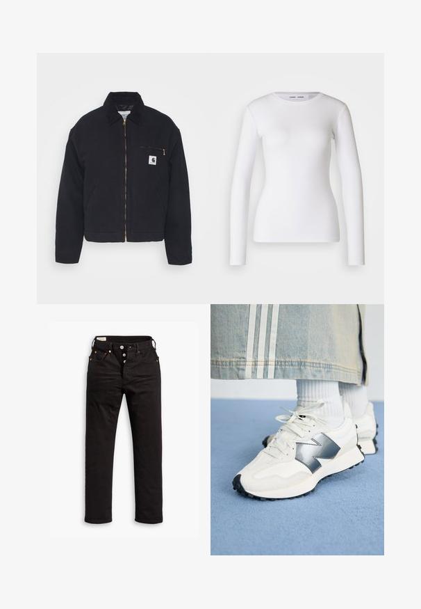 Zwart denim jack met een corduroy kraag, ritssluiting vooraan en een borstzak met een gouden rits en een logo patch aan de linkerkant.; Witte longsleeve shirt van ribstof, met een ronde halslijn en een getailleerde vorm. Er zijn geen patronen of accenten aanwezig.; Zwarte rechtlopende jeans met knoopsluiting, voor- en achterzakken, en koperen klinknagels op een witte achtergrond.; Witte sport sneakers met een zilveren accent, textiel en glad leer; met een zwarte rubberen zool en veters.