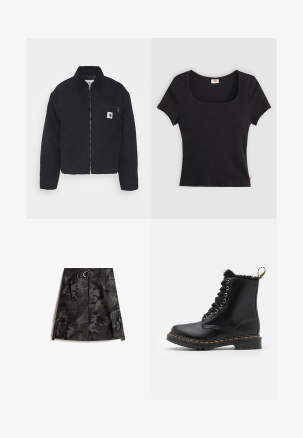 Sort denimjakke med en kordfløjskrave, lynlås foran og en brystlomme med en gylden lynlås samt et logo patch på venstre side.; Sort kortærmet top lavet af ribbet stof, med en bred firkantet udkæring og en tætsiddende pasform, udstyret med et lille rødt logo-tag nederst.; Kamuflage nederdel i mørkegrå og sort, med en frontlynlås, bælte med sølvspænde og to cargo-lommer med ringe.; Sorte læder ankelstøvler med rund tå, pelsfor, sølvøjer og gul syning langs sålen. Solid gummisål.