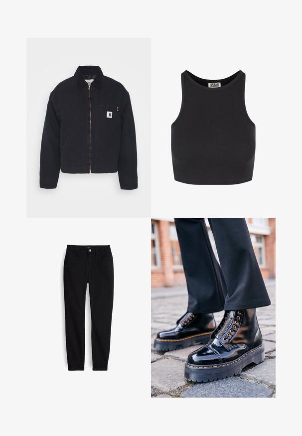 Veste en denim noir avec un col en velours côtelé, fermeture éclair à l'avant et une poche poitrine avec une fermeture éclair dorée et un patch logo sur le côté gauche.; Crop top noir côtelé avec un design sans manches. Caractérisé par un col rond et une texture lisse. Étiquette visible à l'intérieur du col.; Jean noir ajusté avec fermeture avant à boutons et zip, cinq poches, et passants pour ceinture, présenté à plat sur un fond blanc.; Bottines en cuir verni noir avec une semelle en caoutchouc épaisse, fermeture éclair sur le côté, quincaillerie en œillet doré et détail de surpiqûre jaune contrastant.