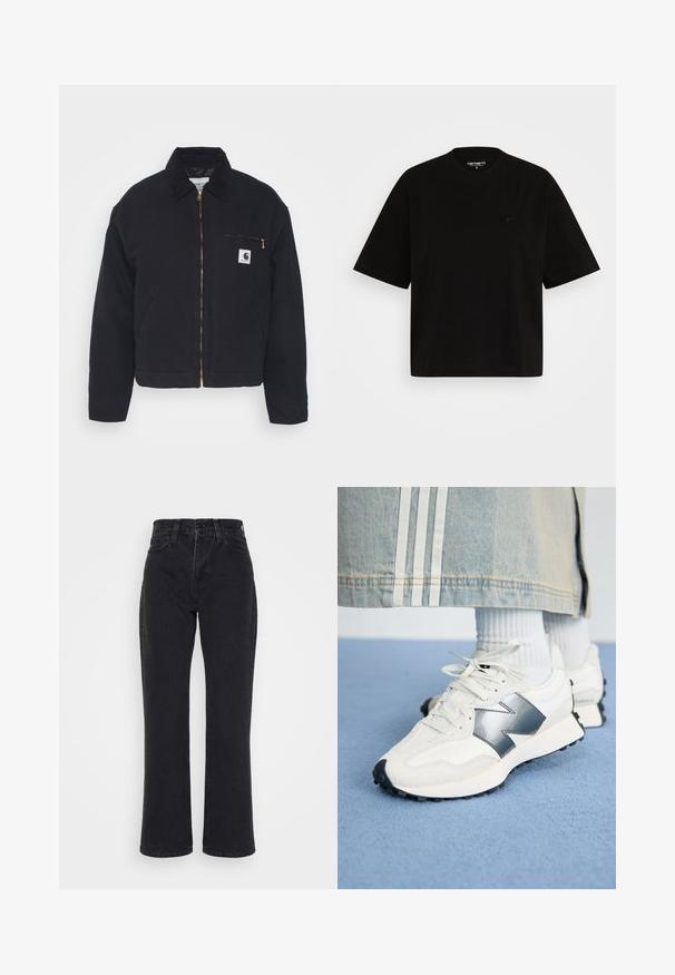 Sort denimjakke med en kordfløjskrave, lynlås foran og en brystlomme med en gylden lynlås samt et logo patch på venstre side.; Sort bomulds t-shirt med en afslappet pasform, korte ærmer, rund halsudskæring og en lille logodetalje på venstre bryst.; Sorte jeans med høj talje og lige ben, med forlommer og bæltestropper på en hvid baggrund.; Hvide sportsko med sølvdetaljer, tekstureret stof og glat læder; med en sort gummisål og snørebånd.