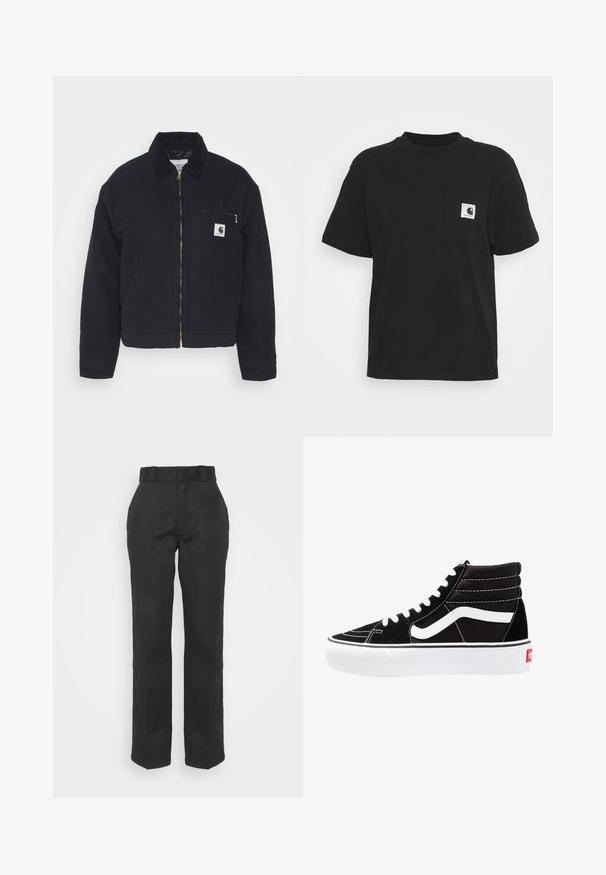 Zwart denim jack met een corduroy kraag, ritssluiting vooraan en een borstzak met een gouden rits en een logo patch aan de linkerkant.; Zwarte katoenen T-shirt met korte mouwen, ronde hals en een voorzak met een vierkant logo in wit en zwart.; Zwarte broeken met een gladde textuur, recht gesneden ontwerp en een taille met riem. Heeft een eenvoudige, klassieke silhouet zonder extra patronen.; Zwarte high-top sneakers met witte veters, een wit logo en contrasterende witte stiksels. Heeft een dikke witte zool en een bovenwerk van gestructureerd suede.