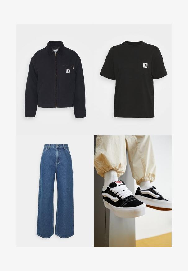 Sort denimjakke med en kordfløjskrave, lynlås foran og en brystlomme med en gylden lynlås samt et logo patch på venstre side.; Sort bomulds T-shirt med korte ærmer, rund halsudskæring og en lomme foran med et firkantet logo i hvid og sort.; Bredde ben blå denimbukser med høj talje, kontrastsyede sømme og sidelommer, med et klassisk fem-lomme design og rå kanter.; Person iført sorte og hvide Vans sneakers med hvide snørebånd, hvide sokker og beige bukser med elastiske manchetter.
