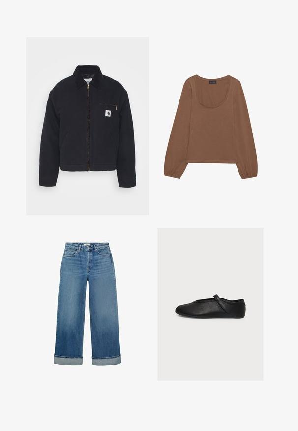 Veste en denim noir avec un col en velours côtelé, fermeture éclair à l'avant et une poche poitrine avec une fermeture éclair dorée et un patch logo sur le côté gauche.; T-shirt marron à manches longues avec un col arrondi et des manches froncées. Fabriqué dans un tissu doux avec une texture lisse.; Jean en denim bleu à larges jambes avec un lavage moyen et des ourlets retroussés. Présente un style classique à cinq poches et une fermeture à boutons.; Chaussure plate Mary Jane en cuir noir avec bride et petits détails perforés sur le côté, vue de l'extérieur sur fond blanc.
