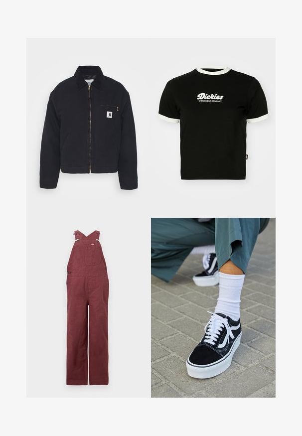 Zwart denim jack met een corduroy kraag, ritssluiting vooraan en een borstzak met een gouden rits en een logo patch aan de linkerkant.; Zwarte katoenen t-shirt met witte ribbelboord bij de hals en mouwranden. Voorzien van een witte logo tekst aan de voorkant: "Dickies Workwear Company." Korte mouwen.; Bordeaux overalls van katoen, met kruisbande straps, vo pockets en metalen hardware accenten. Soepele textuur en een relaxte pasvorm.; Zwarte suède sneaker met witte accenten en veters, uitgerust met een dikke witte zool en contrasterende stiksels, gecombineerd met een witte sok.
