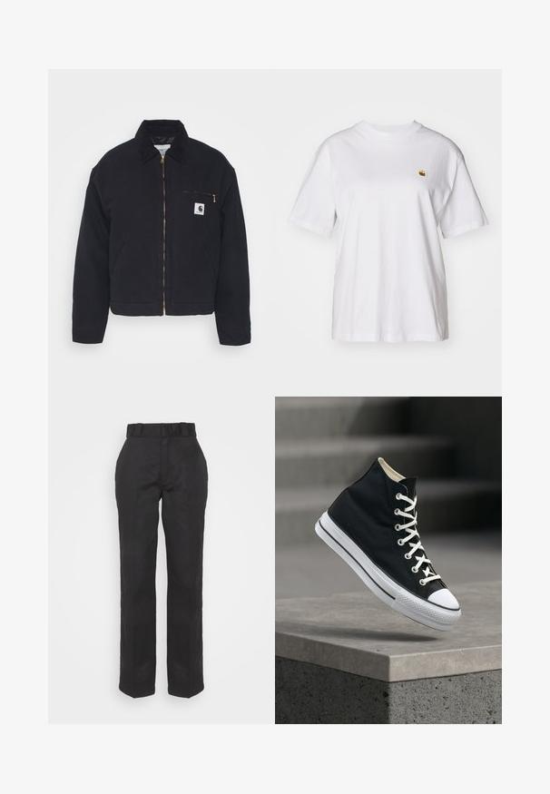 Zwart denim jack met een corduroy kraag, ritssluiting vooraan en een borstzak met een gouden rits en een logo patch aan de linkerkant.; Witte katoenen t-shirt met een relaxte pasvorm, korte mouwen en een klein geborduurd logo op de linkerborst.; Zwarte broeken met een gladde textuur, recht gesneden ontwerp en een taille met riem. Heeft een eenvoudige, klassieke silhouet zonder extra patronen.; Zwarte hoge sneaker met witte veters en rubberen zool, balancerend op de rand van een grijs betonnen platform.