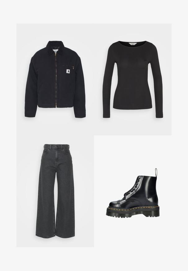 Zwart denim jack met een corduroy kraag, ritssluiting vooraan en een borstzak met een gouden rits en een logo patch aan de linkerkant.; Zwart, fitted blouse met lange mouwen en een geribbelde textuur, voorzien van een brede ronde halslijn en een klein logo-detail op de borst.; High-waisted, wijde jeans van donkergrijze denim. Klassiek ontwerp met een rechte pasvorm, voorzien van riemlussen en voorkruiden.; Zwarte leren enkellaars met een stevige profielzool, voorzien van decoratieve veters, een gele gestikte rand en een trekloopje aan de hiel.