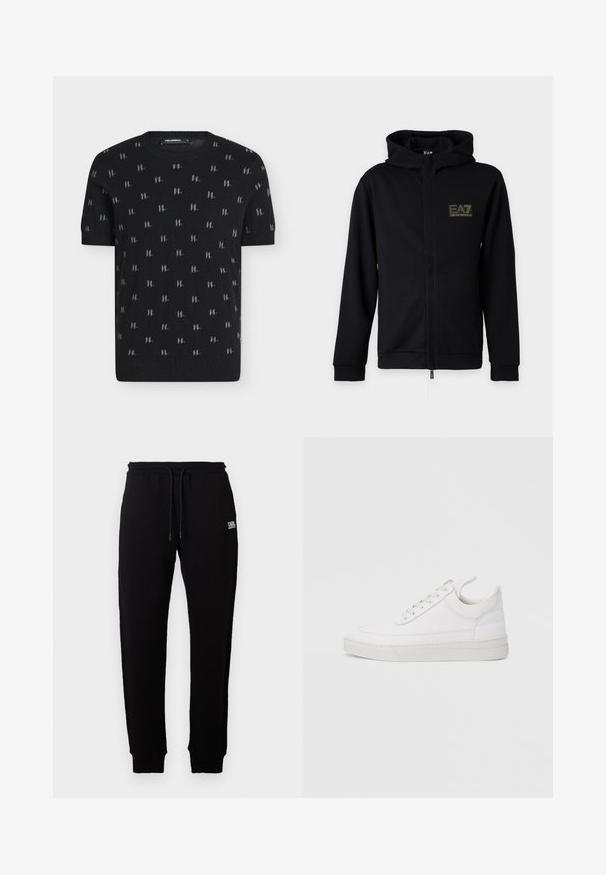 Sweat à capuche zippé noir avec capuche et logo EA7 Emporio Armani sur le côté gauche de la poitrine sur un fond clair uni.; T-shirt en maille noir à manches courtes avec petits motifs répétés gris du logo "KL" et col, poignets et ourlet côtelés.; Un pantalon de jogging en coton noir avec une taille élastique et un cordon de serrage ajustable. Petit logo blanc imprimé à l'avant. Poignets côtelés aux chevilles.; Baskets en cuir blanc avec un embout arrondi, une semelle plate et un laçage à l'avant. Présentent des détails de couture et un col rembourré pour plus de confort.