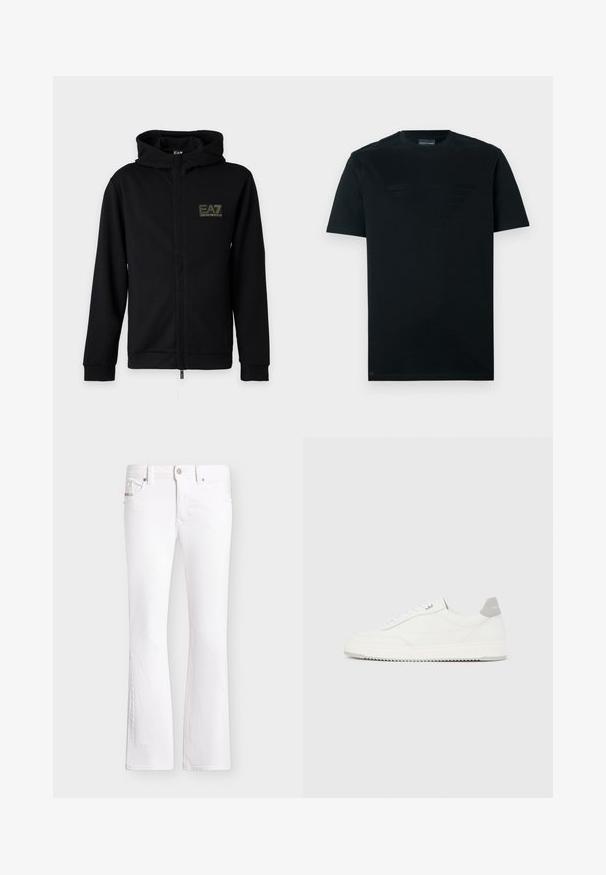 Sweat à capuche zippé noir avec capuche et logo EA7 Emporio Armani sur le côté gauche de la poitrine sur un fond clair uni.; T-shirt noir en coton; présente un logo mat au centre. Col rond classique, manches courtes et ourlet droit.; Jean bootcut blanc avec fermeture avant par bouton et zip, passants de ceinture et poches, présenté sur un fond uni.; Baskets basses blanches avec un onglet de talon gris, des lacets blancs et une semelle texturée, présentées sur un fond uni clair.