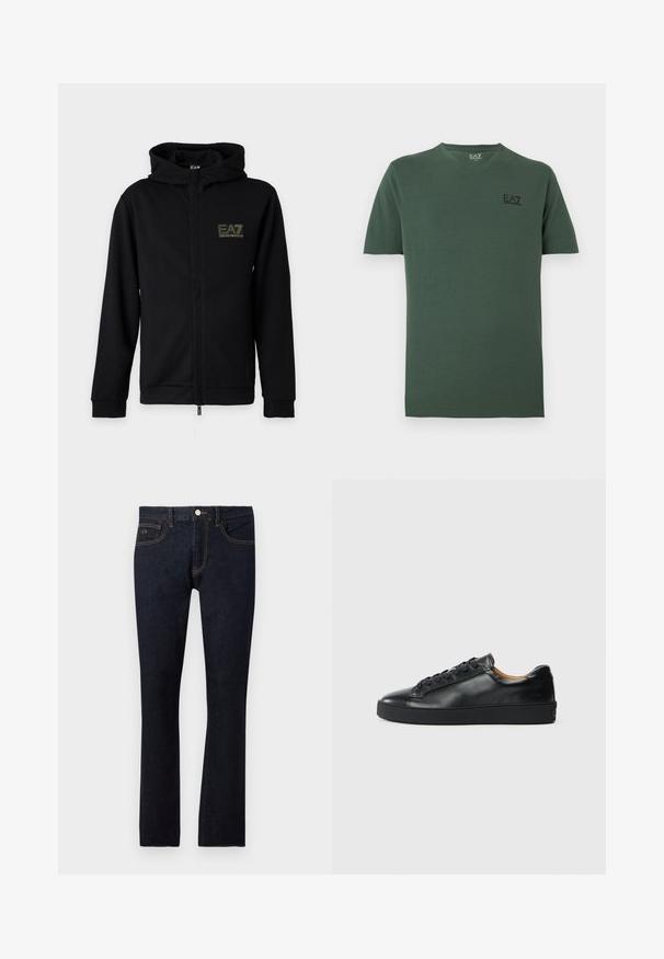Sweat à capuche zippé noir avec capuche et logo EA7 Emporio Armani sur le côté gauche de la poitrine sur un fond clair uni.; T-shirt manches courtes vert foncé à col en V avec petit logo noir EA7 Emporio Armani sur la poitrine gauche.; Jean droit de couleur indigo foncé avec bouton frontal, fermeture éclair, design à cinq poches et détails de couture orange subtil.; Baskets en cuir noir avec une texture lisse, bout rond et fermeture à lacets. Comprend une semelle en caoutchouc épaisse et un minimum de détails de marque.