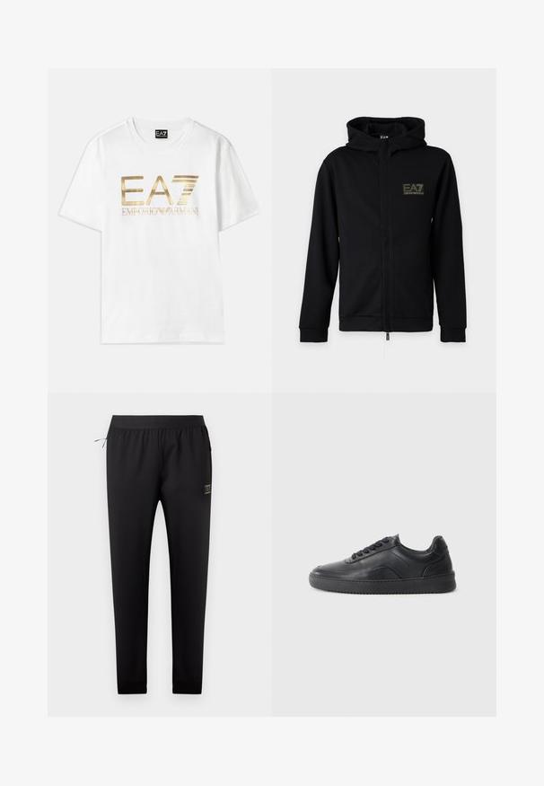 Must kapuutsiga lukuga pusa, millel on vasakul rinnal EA7 Emporio Armani logo, taustal hele ühtlane taust.; Valge puuvillane T-särk, millel on suur kuldne metallik "EA7" logo ja "EMPORIO ARMANI" tekst allpool, lühikesed varrukad ja ümmargune kaelus.; Mustad kitsenevad dressipüksid elastse vöökohaga, küljetasku lukuga ja väike ristkülikukujuline logomärk paremal reiel.; Must musta kingad sileda viimistlusega, ümar aadress, tekstuuriga külgpaneel ja mustad nöörid. Omab lame kummist tallat ja minimaalset disaini.