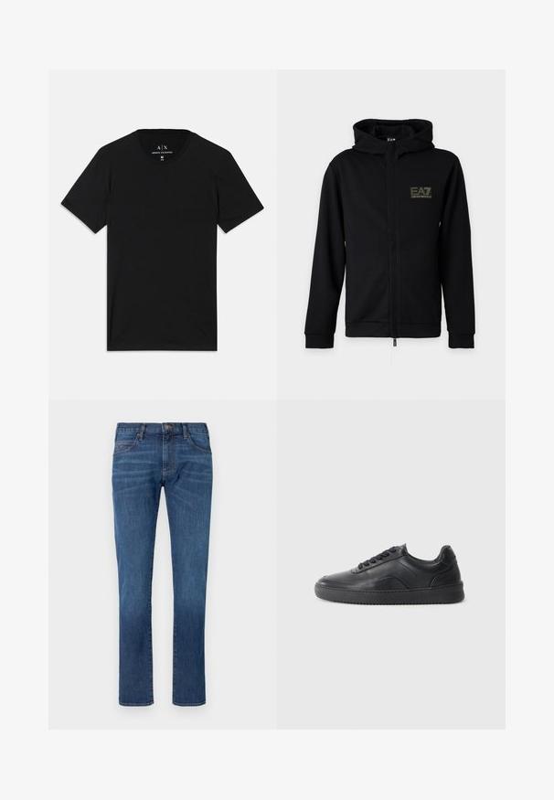 Čierna mikina na zips s kapucňou s logom EA7 Emporio Armani na ľavej strane hrudníka na jednoduchom svetlom pozadí.; Čierne tričko vyrobené z bavlny, s krátkymi rukávmi, okrúhlym výstrihom a etiketou s logom značky na vnútornej strane goliera.; Modré riflové nohavice so strihom priamo na nohe, s klasickým dizajnom piatich vreciek a zapínaním na gombíky. Jemné blednutie cez textúru látky.; Čierne kožené tenisky s hladkým povrchom, zaoblenou špičkou, texturovanou bočnou časťou a čiernymi šnúrkami. Majú plochú gumovú podrážku a minimalistický dizajn.