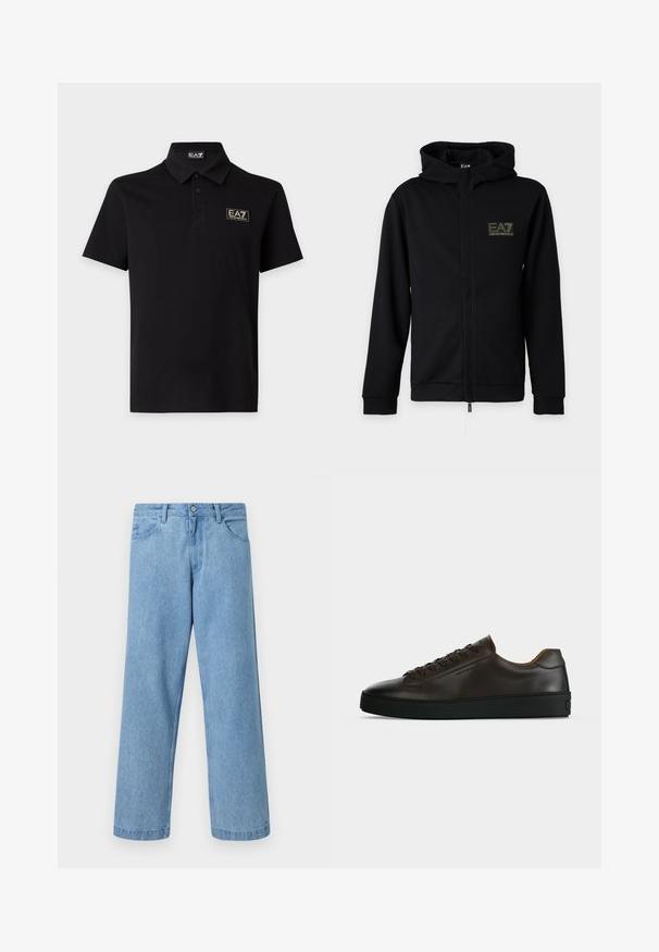 Sweat à capuche zippé noir avec capuche et logo EA7 Emporio Armani sur le côté gauche de la poitrine sur un fond clair uni.; Polo noir à manches courtes avec trois boutons et un patch logo EA7 Emporio Armani sur la poitrine gauche.; Jean en denim bleu clair à jambes droites avec poches devant, passants de ceinture et fermeture par bouton, sur fond uni.; Baskets basses en cuir marron foncé avec semelle en caoutchouc noire, lacets à l'avant et design minimaliste épuré sur fond clair.
