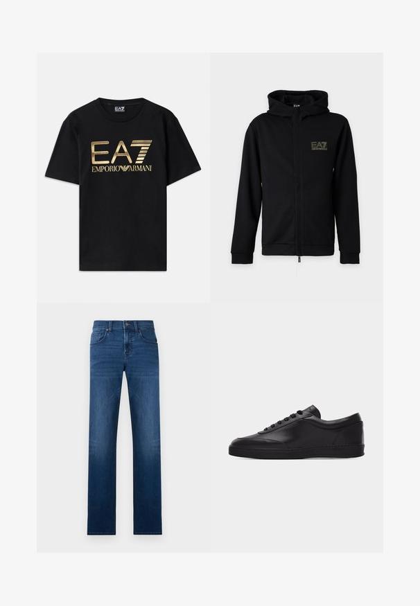 Schwarzer Kapuzenpullover mit Reißverschluss und EA7 Emporio Armani-Logo auf der linken Brust vor schlichtem hellem Hintergrund.; Schwarzes Baumwoll-T-Shirt mit kurzen Ärmeln, auf dessen Vorderseite ein in Gold gedrucktes "EA7 EMPORIO ARMANI" Logo prangt. Schlichtes Design, Rundhalsausschnitt.; Dunkelblaue Denim-Jeans mit geradem Bein, ausgestattet mit fünf Taschen, einem vorderen Knopfverschluss und dezenten Used-Waschungen.; Schwarzer flacher Leder-Sneaker mit Schnürung vorne und flacher Gummisohle, seitlich auf einem schlichten weißen Hintergrund gezeigt.
