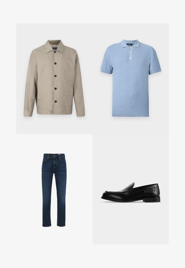 Lichtbeige jas met een kraag, sluiting met knopen aan de voorkant, twee zijzakken en een gestroomlijnde, iets losse pasvorm. Zachte textuur.; Lichtblauw gebreid poloshirt met korte mouwen, drie witte knopen en een platte kraag, weergegeven tegen een effen witte achtergrond.; WE Fashion BLUE RIDGE - Straight leg jeans - dark blue; Zwarte leren instapschoen met lage hak, afgeronde neus en decoratieve stiksels langs de bovenrand.