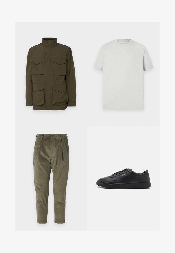 Chaqueta verde oliva con un cuello alto, que cuenta con cuatro bolsillos en la parte delantera, un cierre de cremallera y una textura ligera y suave.; Camiseta de manga corta gris claro hecha de material suave, con cuello redondo y un corte relajado, sin patrones ni acentos visibles.; Pantalones de pana verde oliva con un corte relajado, que presentan pliegues, una cintura elástica y piernas entalladas. Tejido texturizado con costillas verticales.; Zapatillas de cuero negro con una textura suave, punta redondeada, suela plana de goma y cordones a tono. Presentan el logotipo dorado "BOSS" en el lateral.
