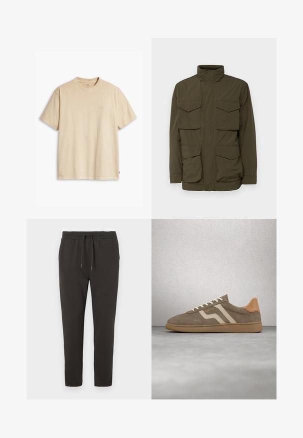 Oliven grøn jakke med høj krave, som har fire frontlommer, lynlås lukning og en let, glat tekstur.; Beige bomulds t-shirt med rund hals og korte ærmer. Har et subtilt "Levi's" logo i samme farve på brystet. Blød tekstur.; Mørkegrå sweatpants lavet af blødt stof, med en elastisk talje med snøre, tætsiddende ben og elastiske manchetter ved anklerne.; Brun ruskindsneaker med beige striber, cremefarvede snørebånd og gummisål, der svæver over gråt gulv og baggrund af glasblokvæg.