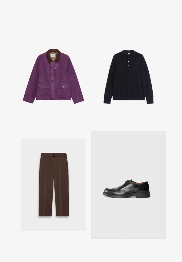 Veste en mélange de laine violette avec un col en velours côtelé marron, des boutons-pression et deux poches avant. Tissu texturé avec un design à coupe décontractée.; Polo noir à manches longues avec trois boutons blancs et un col, posé à plat sur un fond blanc.; Pantalon marron avec une ceinture, présentant une taille haute, un devant plissé et des poches latérales ; fabriqué en tissu lisse et texturé.; Chaussure de ville en cuir noir avec un bout arrondi, surface lisse, détails en dentelle et une semelle en caoutchouc texturée basse. Lignes épurées et design minimal.