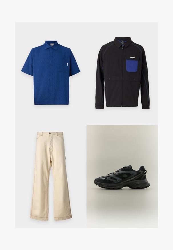 Zwarte jas met een blauwe mesh borstzak, contrasterende blauwe stiksels en drukknoopsluitingen. Ontworpen met een rits aan de voorkant en lange mouwen.; Korte mouwen blauwe shirt van een gestructureerde stof met een subtiel patroon, een knoopsluiting aan de voorkant en een enkele borstzak.; Beige wijde broek van katoen met een rits- en knoopsluiting, voorzien van contrasterende stiksels en zijzakken.; Zwarte sportieve schoen met meshpanelen, een gestructureerde zool, veters en een gebogen silhouet met zilveren accenten aan de zijkanten.