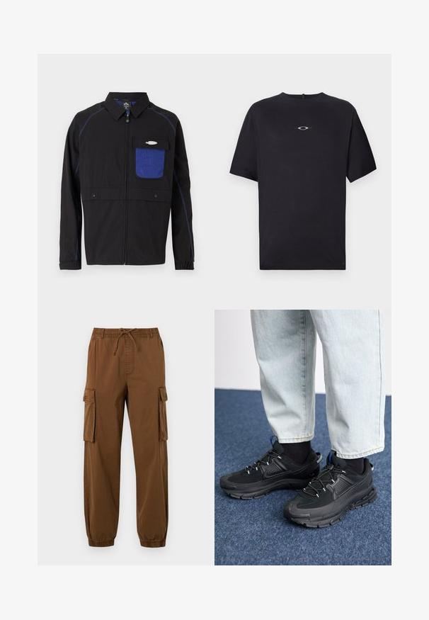 Zwarte jas met een blauwe mesh borstzak, contrasterende blauwe stiksels en drukknoopsluitingen. Ontworpen met een rits aan de voorkant en lange mouwen.; Oakley STACKED TEE - T-shirt print - blackout; Bruine cargobroek van lichtgewicht stof, met een elastische tailleband met trekkoord, zijzakken en taps toelopende broekspijpen.; Zwarte sportschoenen met gestructureerde stof en rubberen zolen, met elastische veters en een blauwe accent op de hiel. Draag samen met lichte spijkerbroeken.