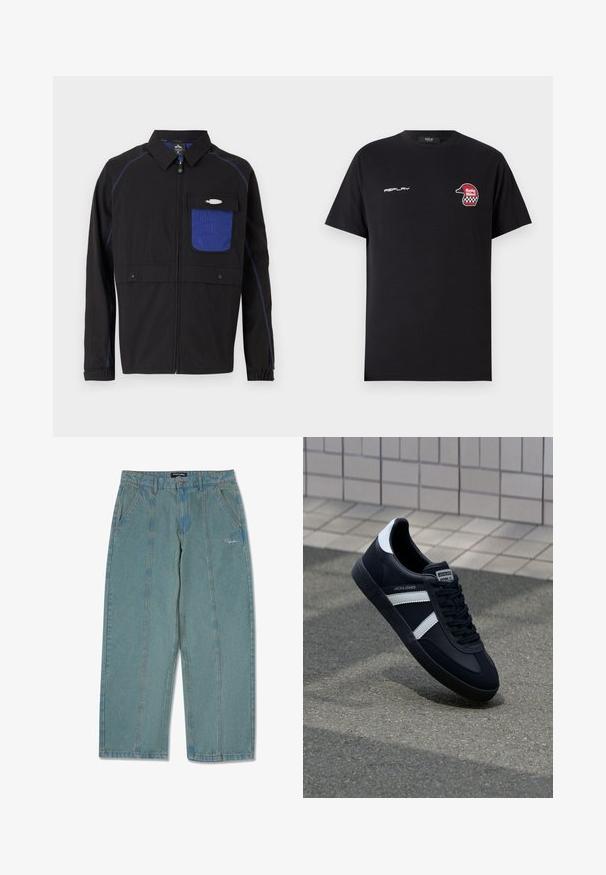 Sort jakke med en blå netlomme på brystet, kontrastfarvet blå syning og trykknapper. Designet med en frontlynlås og lange ærmer.; Replay SHORT SLEEVE GRAPHIC - T-shirts print - black; Lysblå, ikke-slidte denimbukser med lige ben, der har forlommer og en diskret broderet logo nær taljen.; Sort lædersneaker med hvide striber, tekstureret gummisål og snørrebånd foran. Har et brandet mærke på tungen.