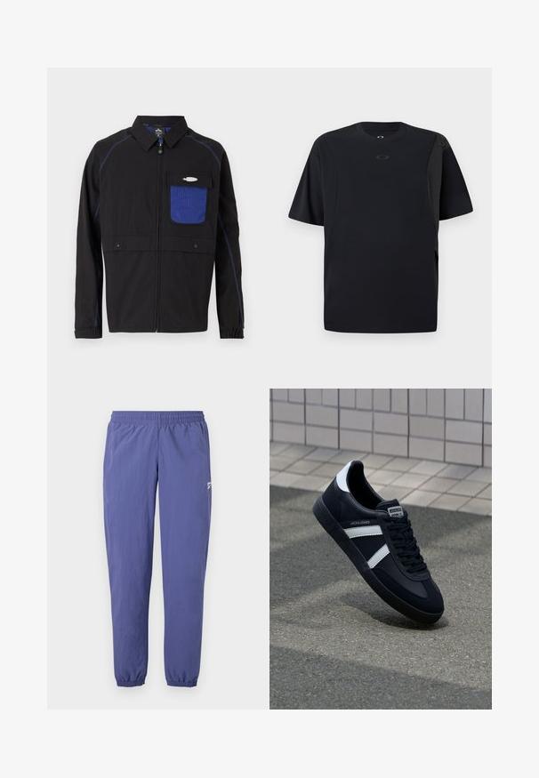 Chaqueta negra con un bolsillo de malla azul en el pecho, costuras azules en contraste y botones a presión. Diseñada con un cierre frontal de cremallera y mangas largas.; Camiseta negra de manga corta hecha de tela suave, con un diseño asimétrico y un pequeño logo en el pecho.; Pantalones de chándal morados con cintura elástica, piernas estrechas, puños elásticos y un bolsillo lateral que presenta un pequeño detalle de logo.; Zapatilla de cuero negra con rayas blancas, suela de goma texturizada y parte frontal con cordones. Cuenta con una etiqueta de marca en la lengüeta.