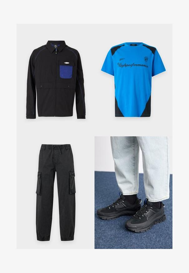 Schwarze Jacke mit einer blauen Netzbrusttasche, kontrastierenden blauen Nähten und Druckknöpfen. Entworfen mit einem Frontreißverschluss und langen Ärmeln.; Replay SHORT SLEEVE GRAPHIC - T-Shirt print - azzurro; Schwarze Cargo-Hosen aus strukturiertem Stoff mit einem elastischen Bund und Kordelzug. Mit Seitentaschen und elastischen Bündchen an den Knöcheln.; Schwarze Sportschuhe aus strukturiertem Stoff mit Gummisohlen, ausgestattet mit elastischen Schnürsenkeln und einem blauen Akzent an der Ferse. Getragen mit hellen Jeans.