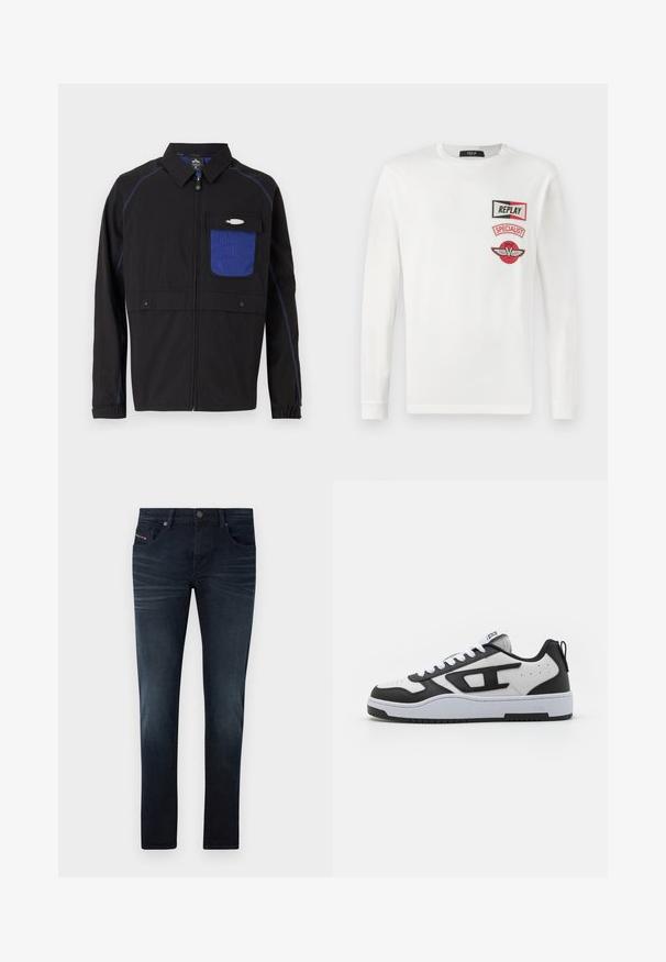 Zwarte jas met een blauwe mesh borstzak, contrasterende blauwe stiksels en drukknoopsluitingen. Ontworpen met een rits aan de voorkant en lange mouwen.; Witte langesleeve shirt met drie rode en zwarte patches op de linkerkant van de borst: "REPLAY," "SPECIALIST," en een vleugellogo van V.; Donkerblauwe denim jeans met een slim fit, voorzien van vijf zakken, subtiele vervaging en een metalen knoopsluiting op de tailleband.; Zwart-witte sneaker met een bovenwerk van getextureerd leer, gepolsterde schacht, ronde neus en contrasterende rubberen zool. Inclusief witte veters en logo-details.