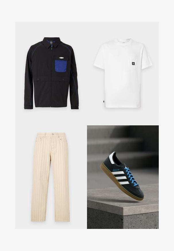 Veste noire avec une poche poitrine en mesh bleu, des coutures bleues contrastantes et des boutons-pression. Conçue avec une fermeture éclair sur le devant et des manches longues.; T-shirt en coton blanc avec encolure ronde, manches courtes et une poche poitrine ornée d'un patch logo noir. Texture lisse, coupe décontractée.; Pantalons beiges à jambes droites avec des rayures verticales, dotés d'une fermeture à bouton, de passants de ceinture et de poches latérales. Le tissu a une texture lisse.; Baskets Adidas noires avec des rayures blanches, des lacets bleus et une semelle en gomme flottant au-dessus d'une marche en béton grise sous une lumière douce.